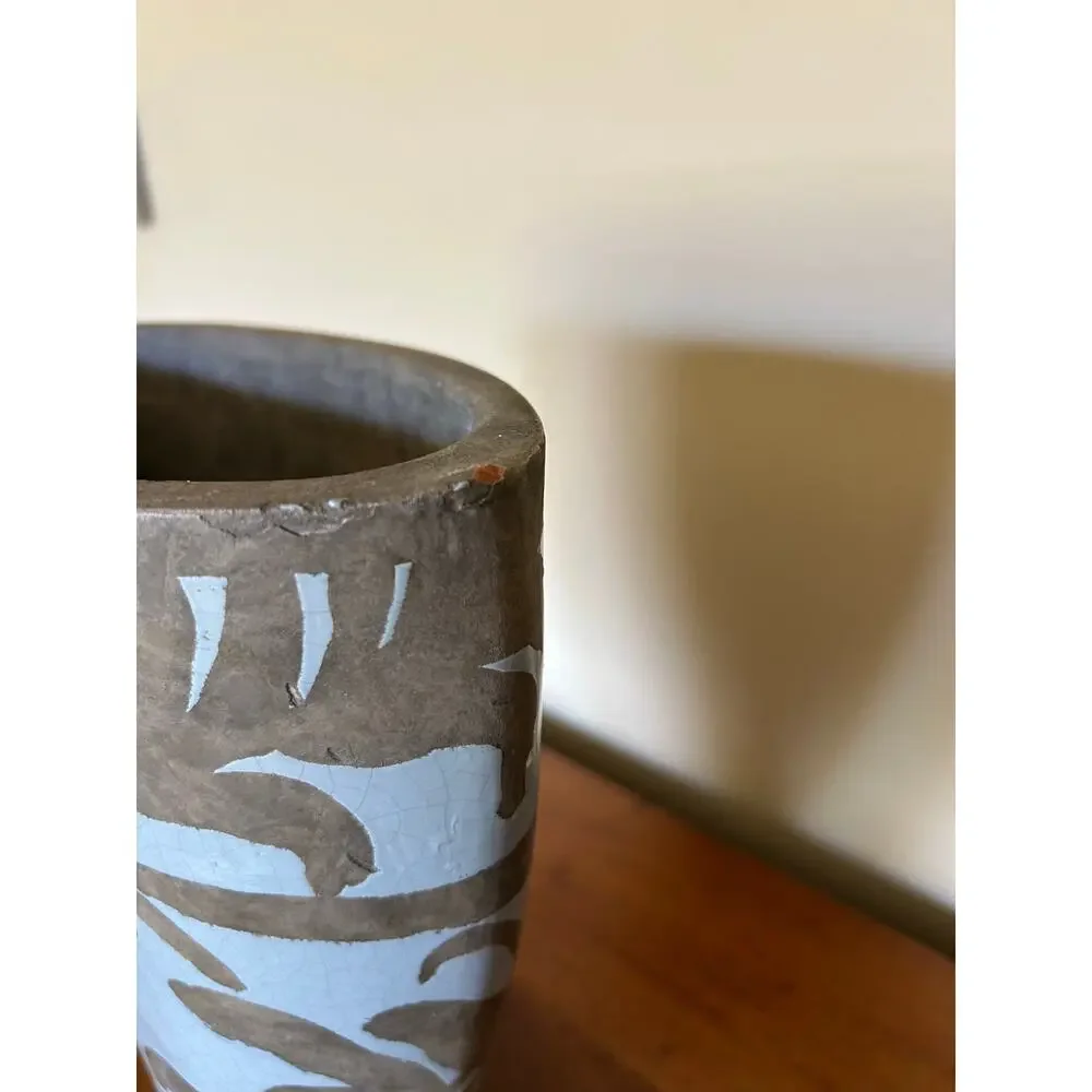 Vintage Sgraffito-style Ceramic Vase Blue Gray Leaf Floral Pattern